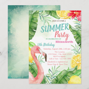 Palm Leaf,Flamingo Pool Birthday Party Invitation