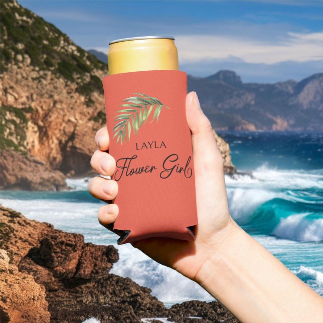 Palm Leaf Flower Girl Any Colour Seltzer Can Cooler (Flower Girl can cooler with tropical palm leaf and calligraphy)