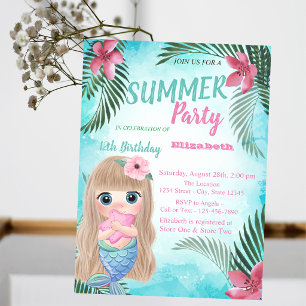 Palm Leaf, Flowers,Baby Mermaid Birthday Party Invitation