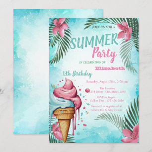 Palm Leaf, Flowers,Dripping Ice cream Birthday Invitation