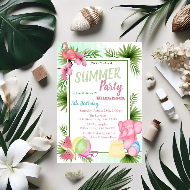 Palm Leaf, Flowers,Flamingo,Watermelon Birthday  Invitation (Creator Uploaded)