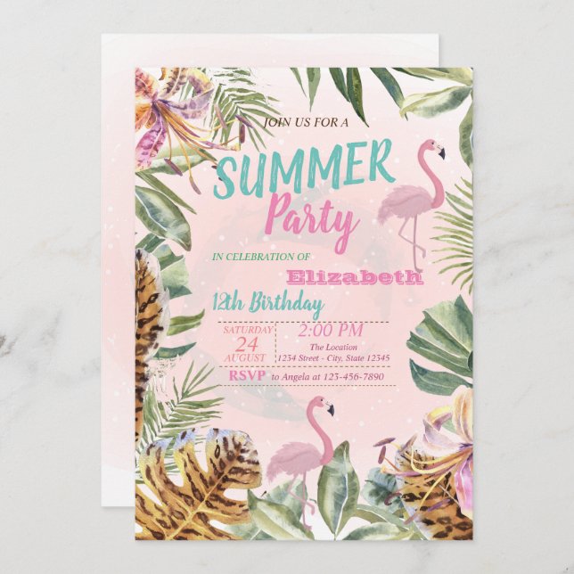 Palm Leaf, Flowers,Flamingos  Birthday Party Invitation (Front/Back)