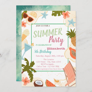 Palm Leaf, Flowers,Fruits Summer Birthday Invitation