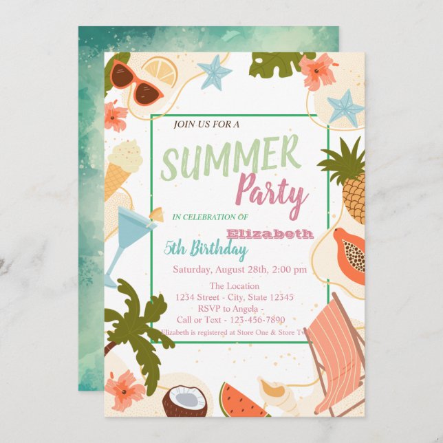 Palm Leaf, Flowers,Fruits Summer Birthday   Invitation (Front/Back)