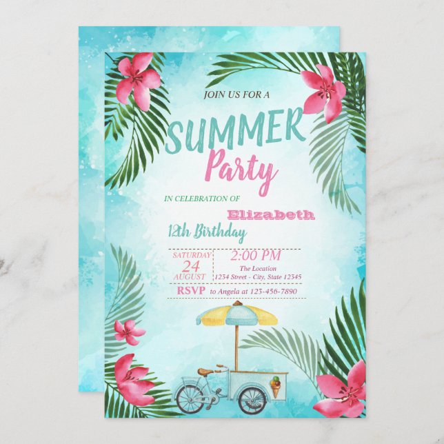 Palm Leaf,Flowers,Ice cream Bike Birthday Party  Invitation (Front/Back)