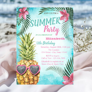 Palm Leaf, Flowers,Pineapple Birthday Party  Invitation