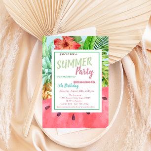 Palm Leaf, Flowers,Watermelon,Pineapple Birthday Invitation
