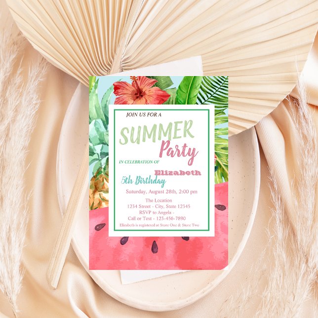 Palm Leaf, Flowers,Watermelon,Pineapple Birthday   Invitation (Creator Uploaded)