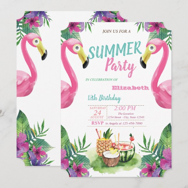 Palm Leaf,Fruits,Pink Flamingos Birthday Party Invitation (Front/Back)