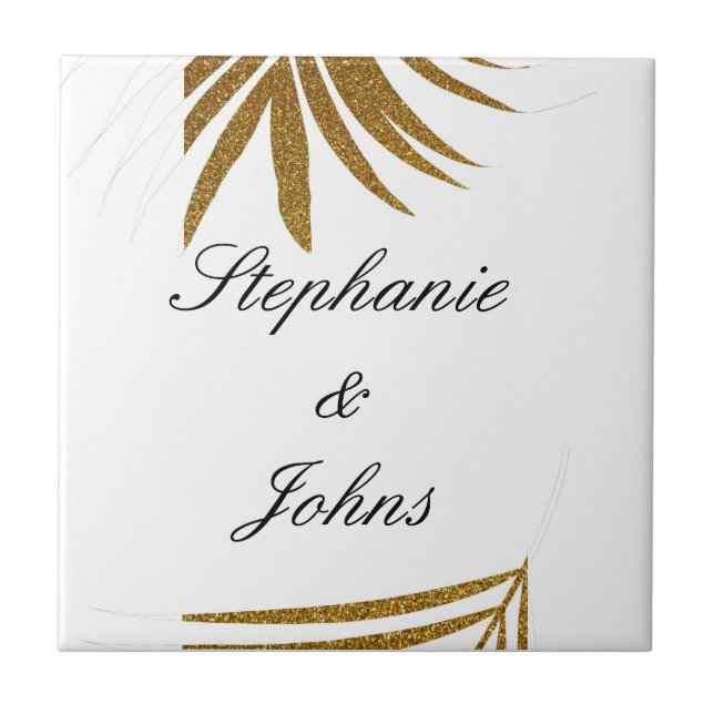 Palm Leaf Gold Glitter Custom Couple Name Tropical Ceramic Tile (Front)