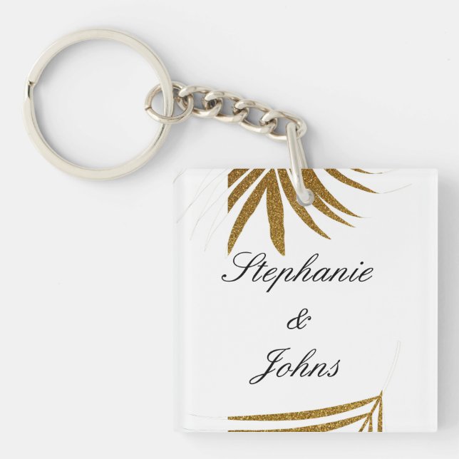 Palm Leaf Gold Glitter Custom Couple Name Tropical Key Ring (Front)