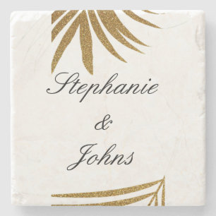 Palm Leaf Gold Glitter Custom Couple Name Tropical Stone Coaster