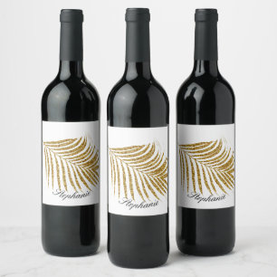 Palm Leaf Gold Glitter Custom Name Cute Trendy Wine Label