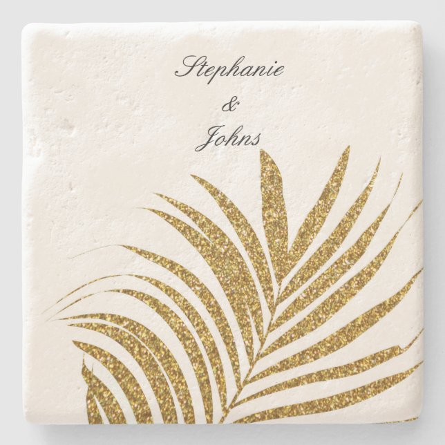 Palm Leaf Gold Glitter Custom Name Wedding Gift Stone Coaster (Front)