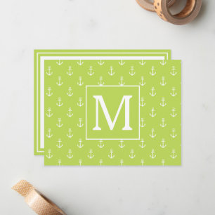 Palm Leaf Green and White Anchors Monogram Card