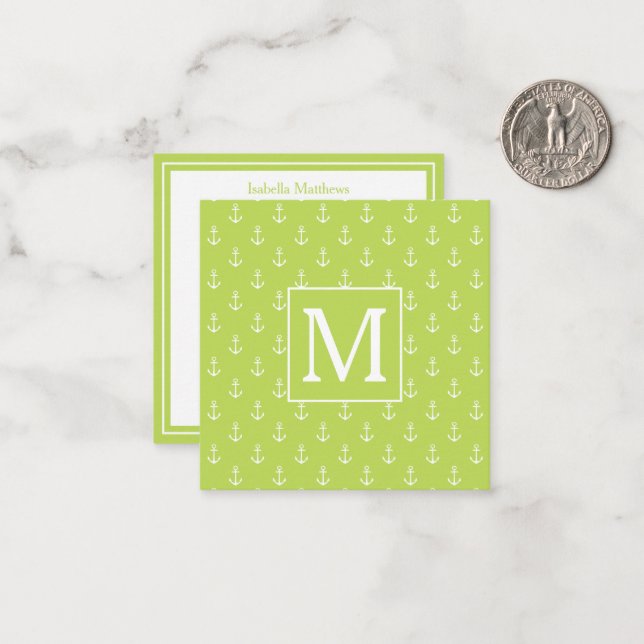 Palm Leaf Green and White Anchors Monogram Card (Front/Back In Situ)