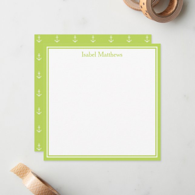 Palm Leaf Green and White Anchors Monogram Card (Front/Back In Situ)