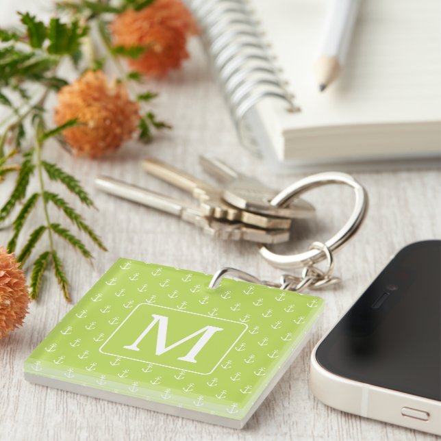 Palm Leaf Green and White Anchors Monogram Key Ring (Front Right)