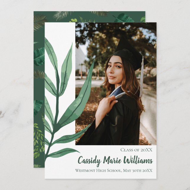 Palm Leaf Green Plant Graduation Announcement (Front/Back)