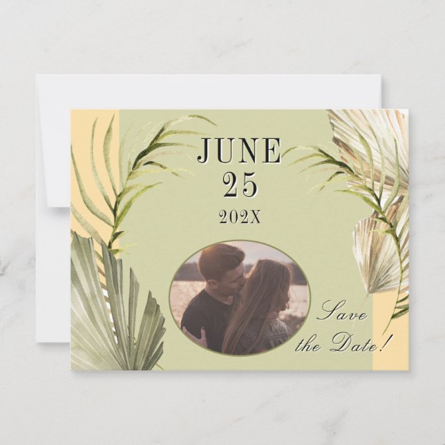 Palm Leaf Greenery Save the Date Postcard (Front)