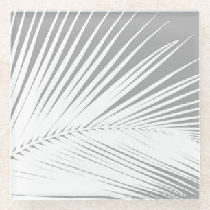 Palm leaf - grey and white glass coaster