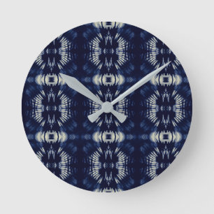 Palm Leaf in Delft Blue Round Clock