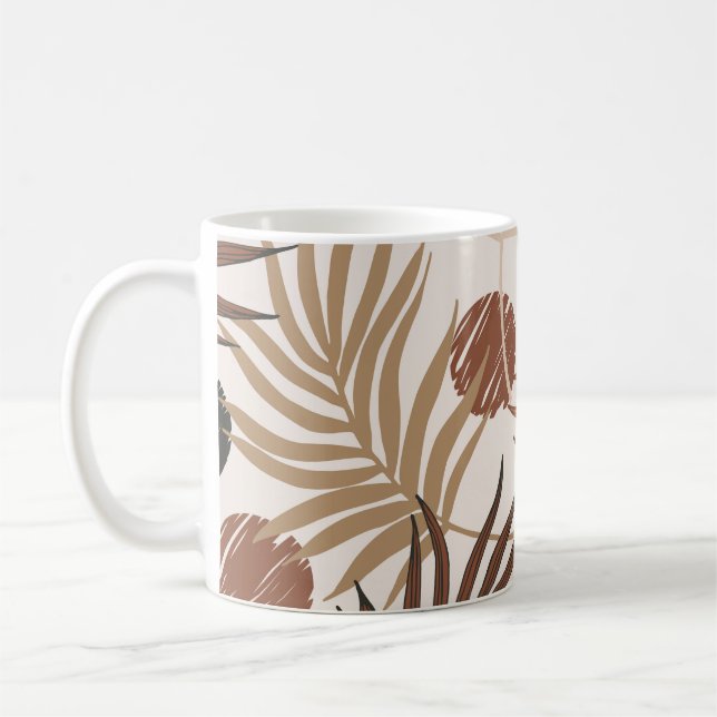palm leaf line art seamless pattern on earth toned coffee mug (Left)
