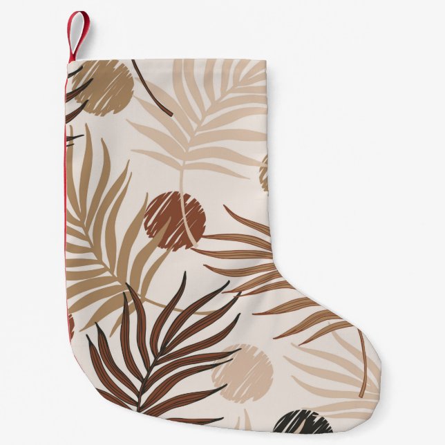 palm leaf line art seamless pattern on earth toned small christmas stocking (Front)