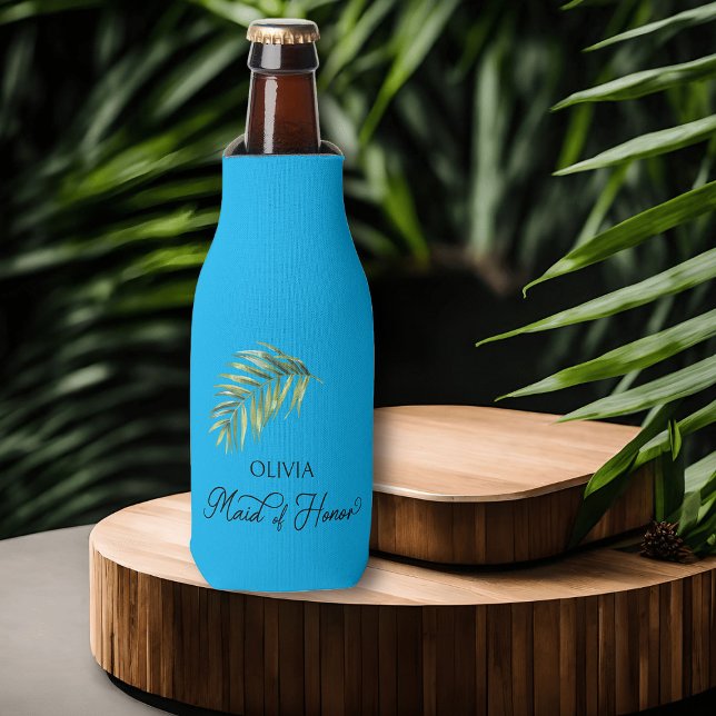 Palm Leaf Maid of Honour Any Colour Bottle Cooler (Maid of Honor bottle cooler with tropical palm leaf and calligraphy)