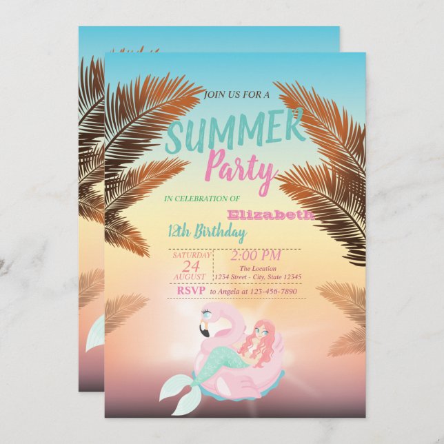 Palm Leaf, Mermaid Birthday Party Invitation (Front/Back)