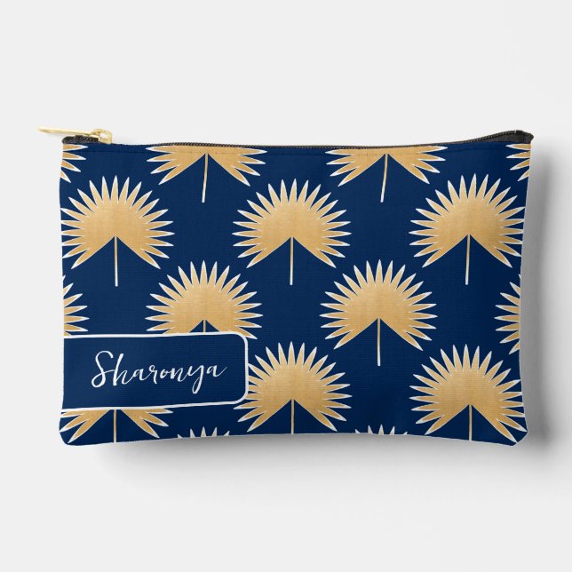 Palm leaf mid-century modern + name accessory pouch (Front)