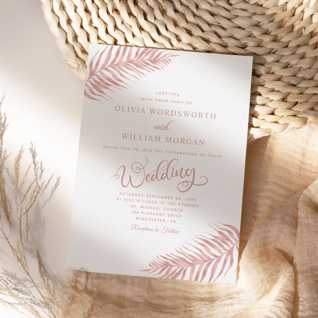 Palm Leaf Modern Rose Gold White Wedding Invitation (Creator Uploaded)