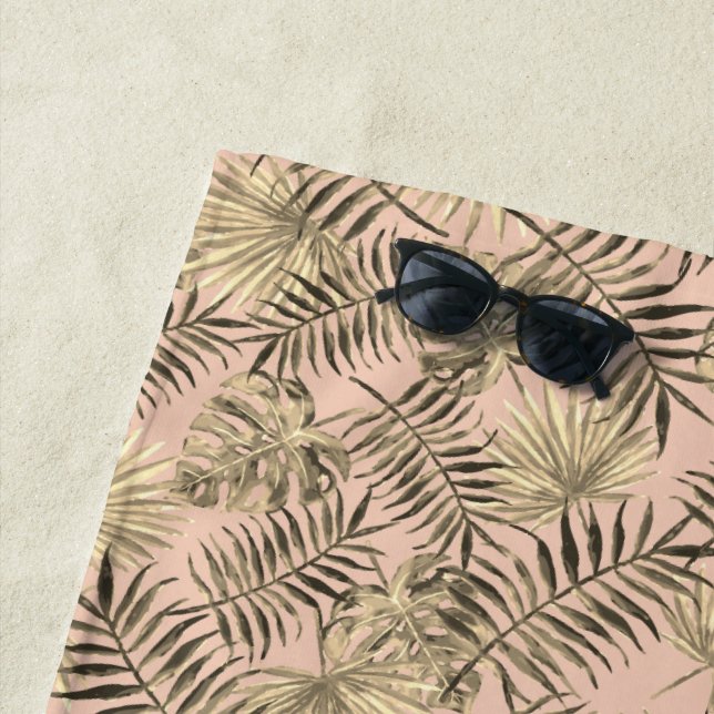 Palm leaf monstera tropical peach pink and gold beach towel (In Situ)