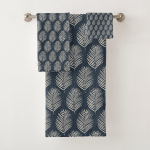 Palm Leaf Navy Blue And Cream Bath Towel Set