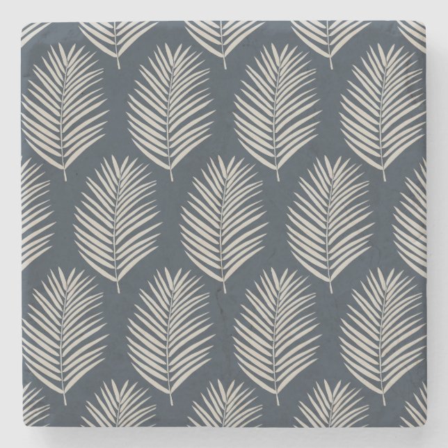Palm Leaf Navy Blue And Cream Stone Coaster (Front)