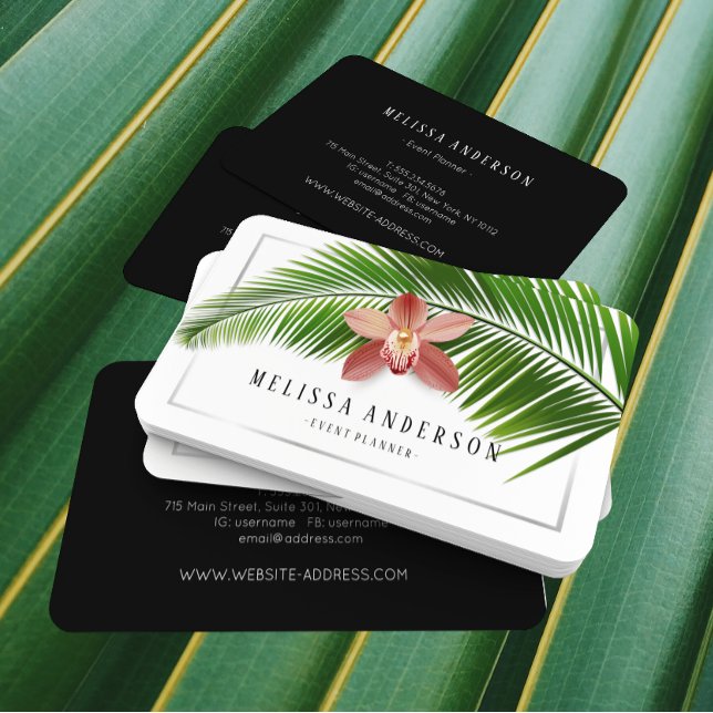 Palm Leaf & Orchid Tropical Floral Silver Framed Business Card (Creator Uploaded)