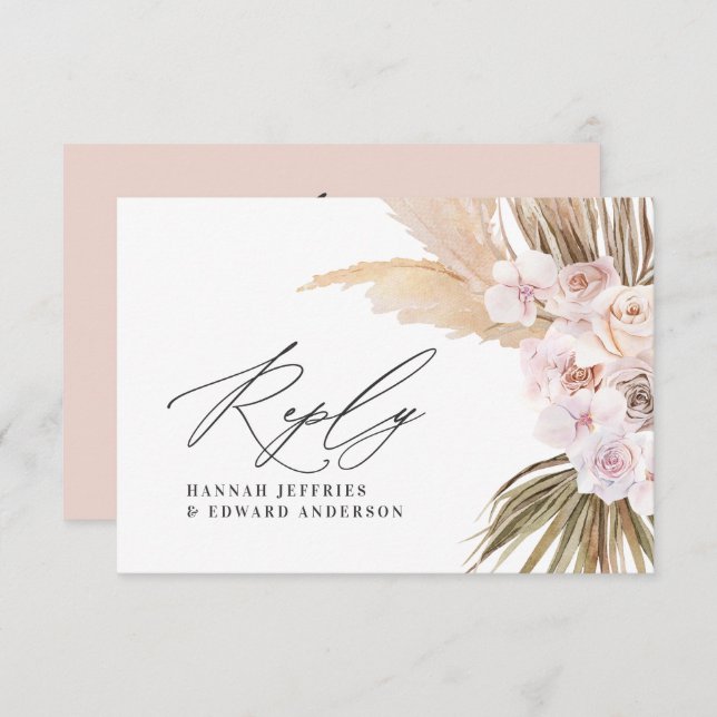 Palm leaf pampas grass natural pink wedding RSVP   Enclosure Card (Front/Back)