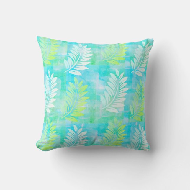 Palm Leaf Pattern on Caribbean Blue Tropical Cushion (Front)