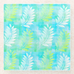 Palm Leaf Pattern on Caribbean Blue Tropical Glass Coaster