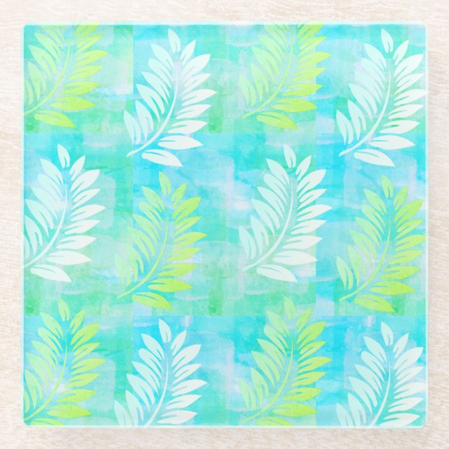 Palm Leaf Pattern on Caribbean Blue Tropical Glass Coaster (Front)