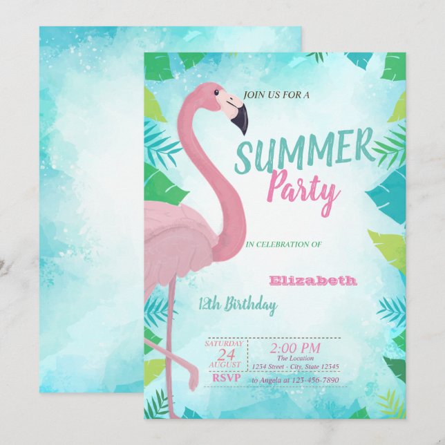 Palm Leaf,Pink Flamingo, Summer  Birthday Party Invitation (Front/Back)