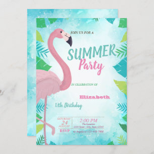 Palm Leaf,Pink Flamingo, Summer  Birthday Party Invitation
