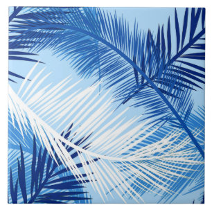 Palm Leaf Print, Cobalt, White and Sky Blue Ceramic Tile