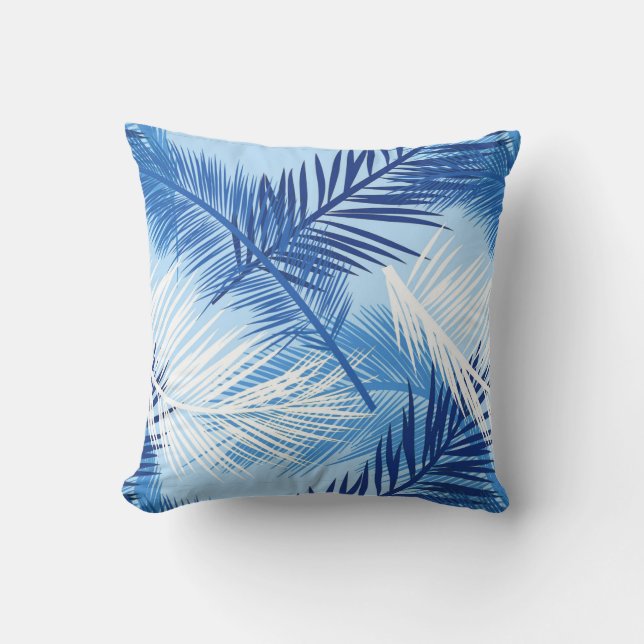 Palm Leaf Print, Cobalt, White and Sky Blue Cushion (Front)