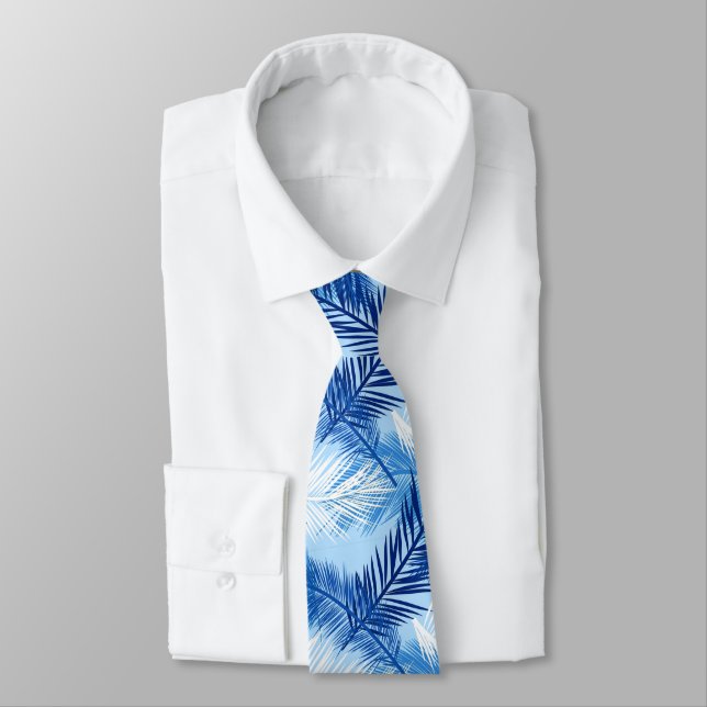 Palm Leaf Print, Cobalt, White and Sky Blue Tie (Tied)