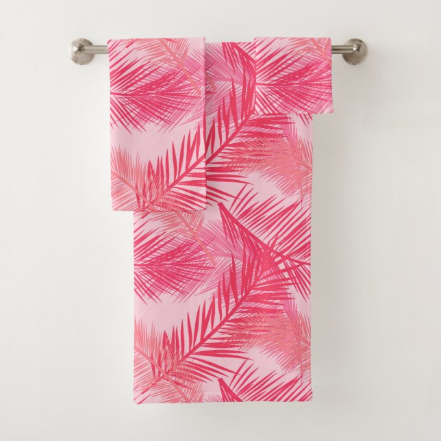 Palm Leaf Print, Coral, Peach and Pastel Pink Bath Towel Set (Insitu)