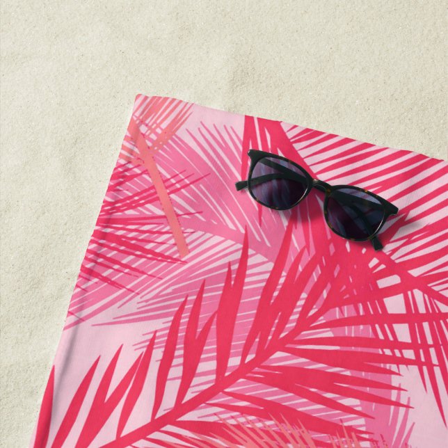 Palm Leaf Print, Coral, Peach and Pastel Pink Beach Towel (In Situ)