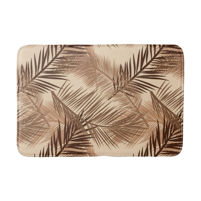 Palm Leaf Print, Dark Brown, Tan and Beige Bath Mat (Front)