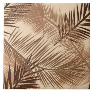 Palm Leaf Print, Dark Brown, Tan and Beige Ceramic Tile