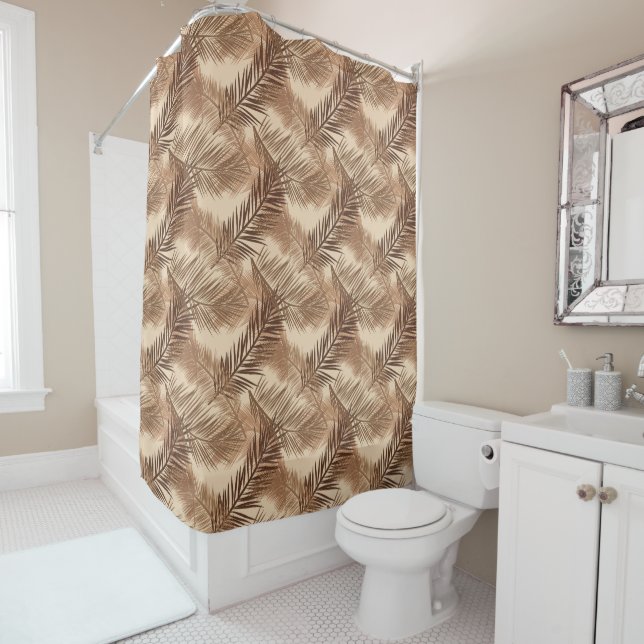 Palm Leaf Print, Dark Brown, Tan and Beige Shower Curtain (In Situ)